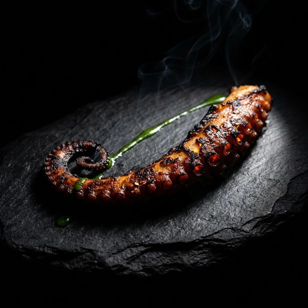 An artistic dark plating of a molecular gastronomy dish at The Secret